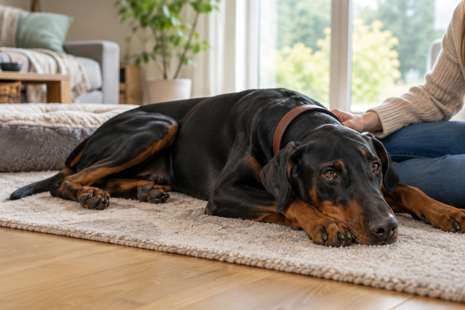 Unavený doberman odpočíva doma pri podozrení na zvýšenú teplotu